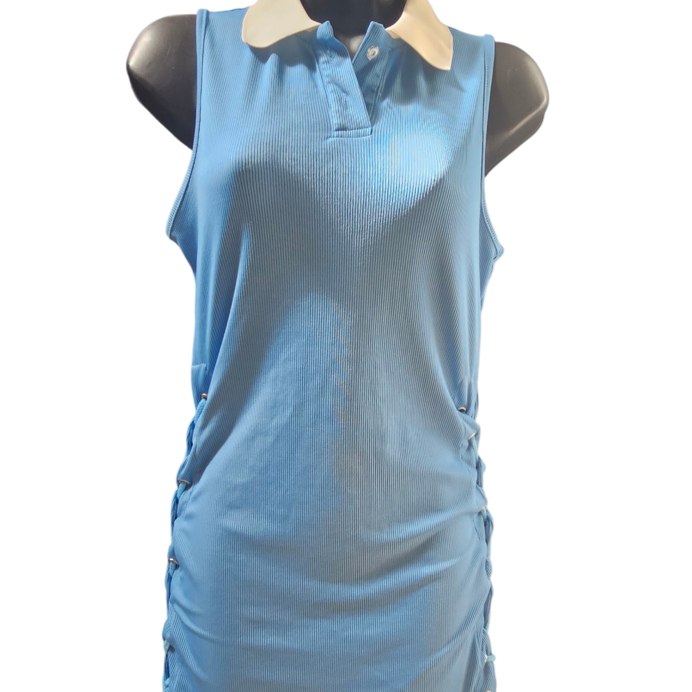 Blue Drawstring Side Rib Knit Bodycon Sleeveless Dress with White Collar